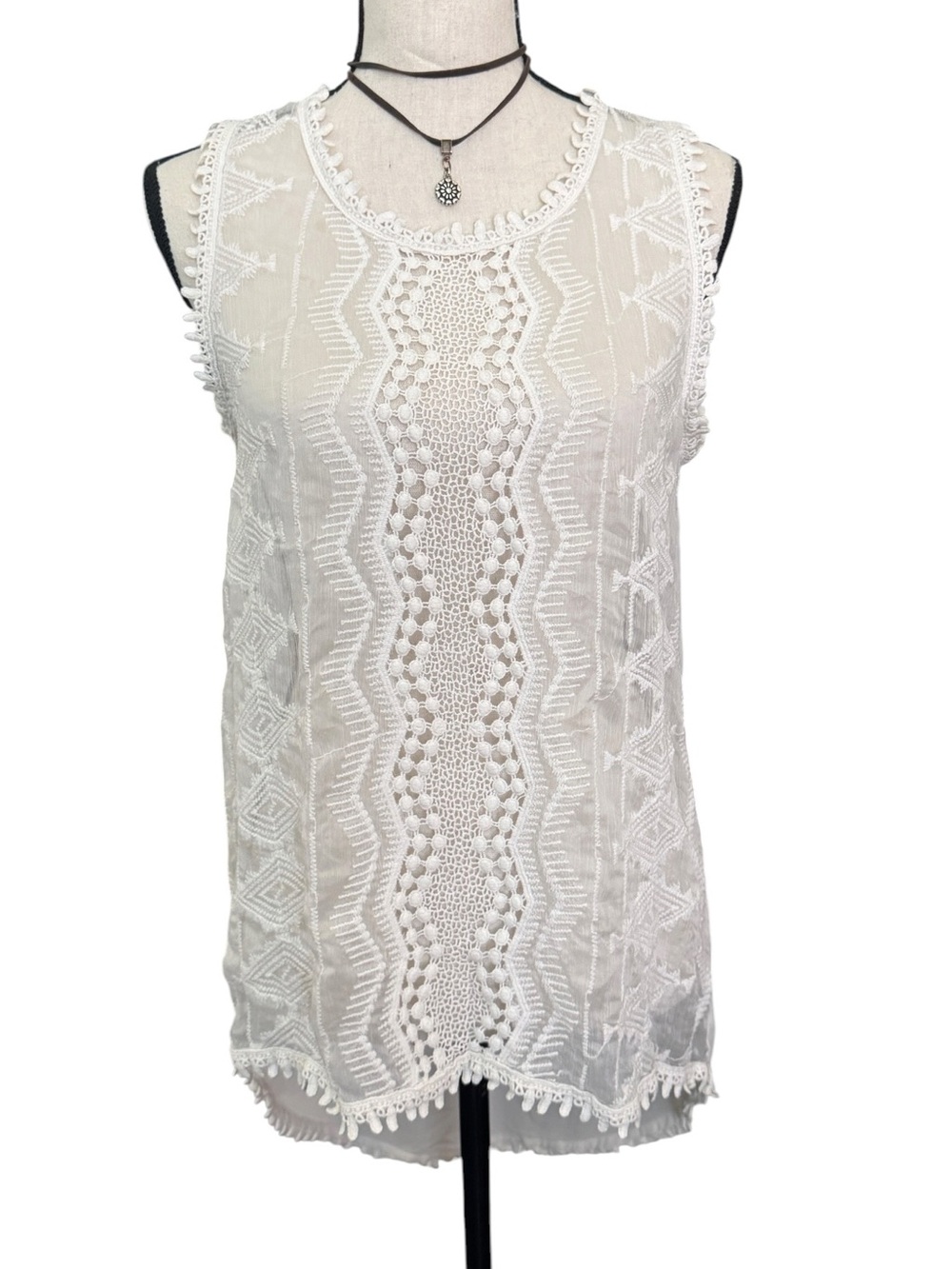 W5 Ivory Boho Embroidered Crochet Lace Sheer Tank Top Festival Medium